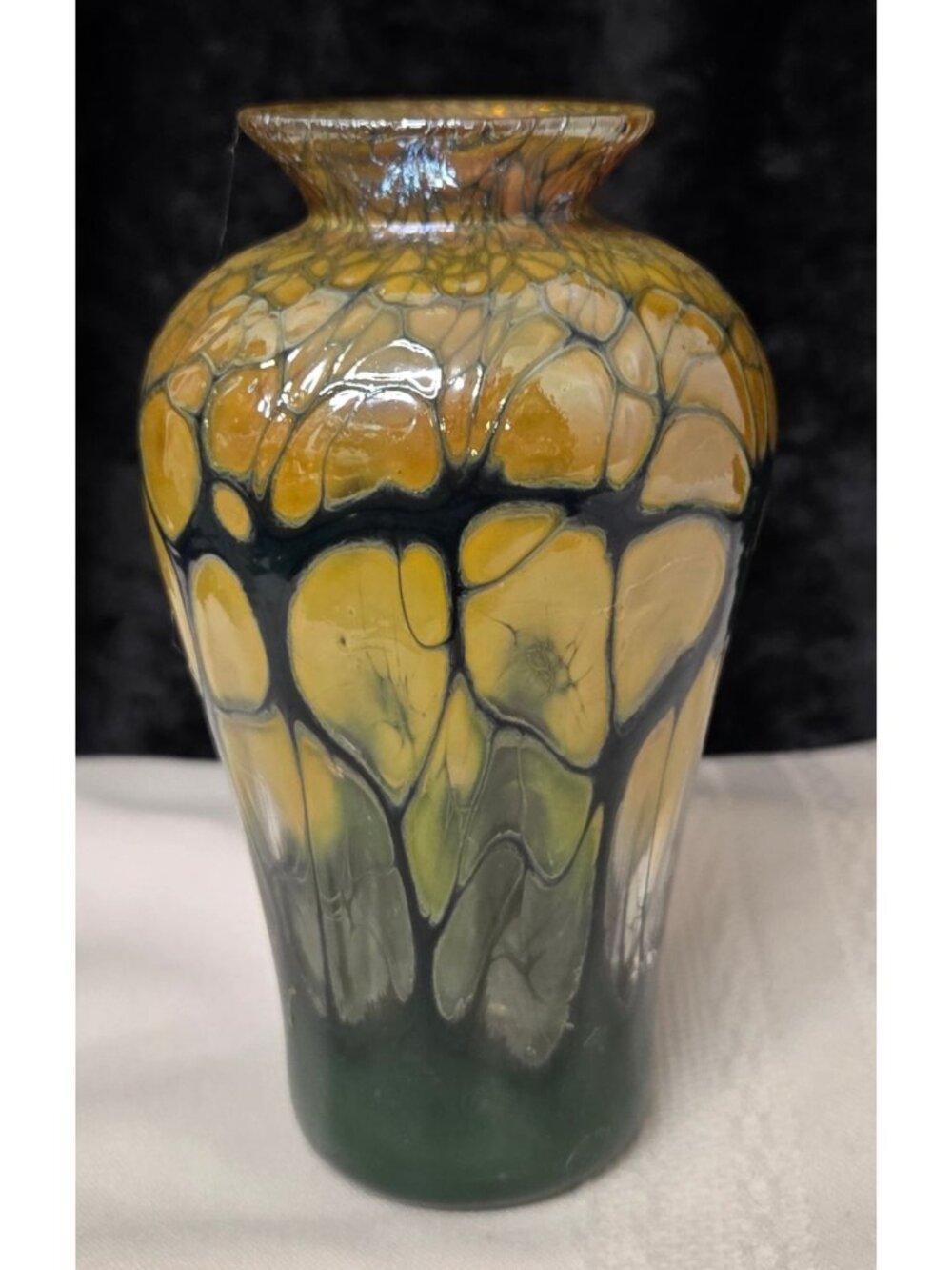Hand-Blown 5" Art Glass Vase Spider Web Design Yellow Green Signed